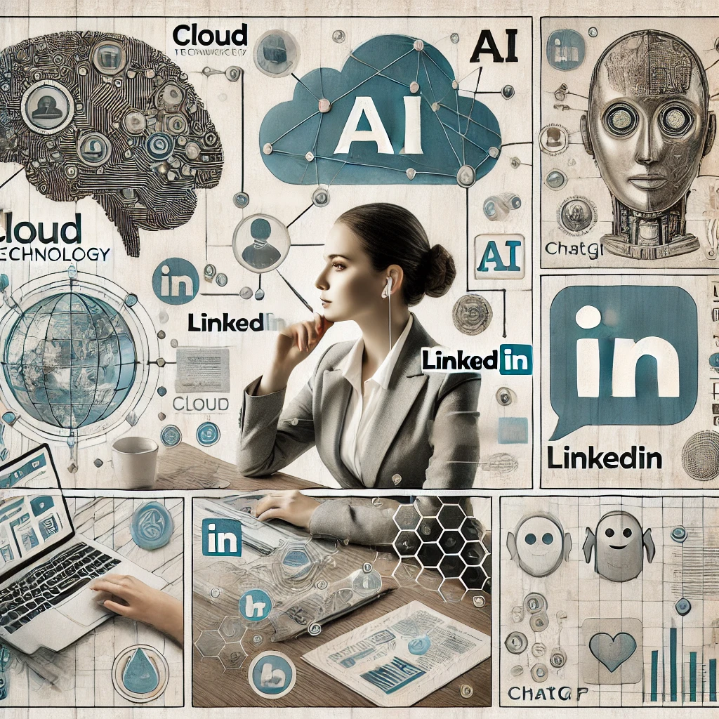 dalle 2024 10 16 175736 a mood board visually representing cloud technology ai linkedin and chatgpt in the context of education and marketing the board includes imagery o